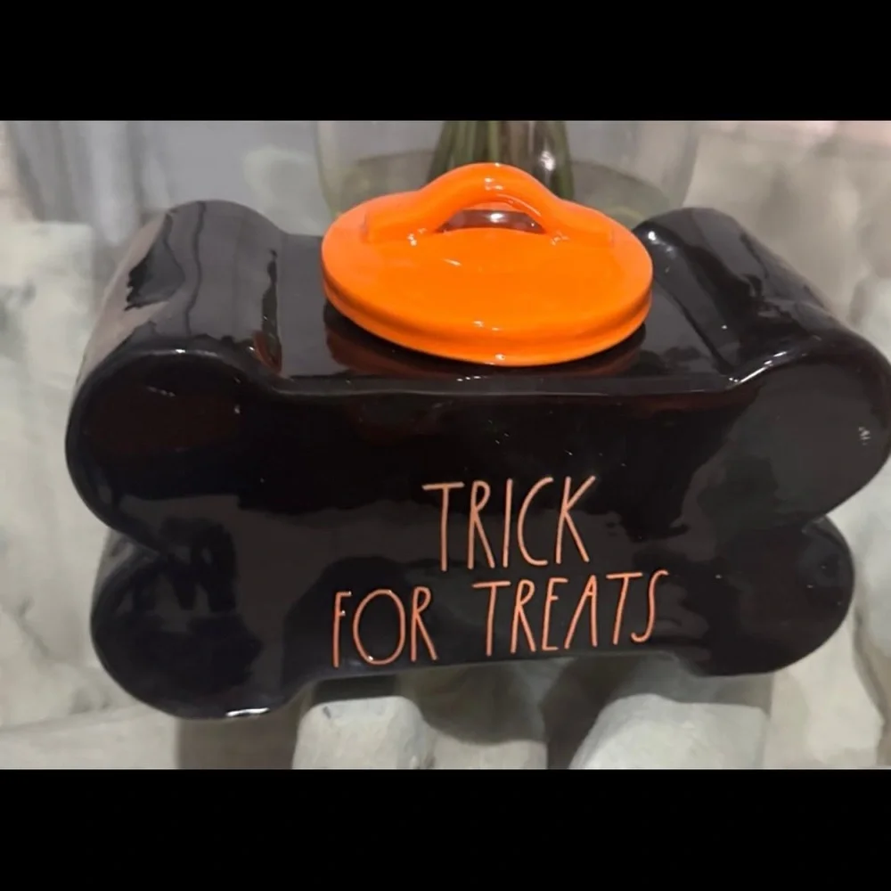 Rae Dunn Black and Orange Dog Bone Treat Jar
